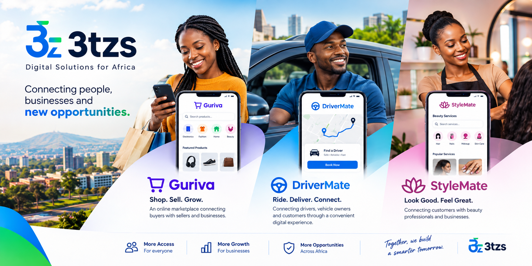 3tzs digital ecosystem featuring online marketplaces, transportation services, beauty services, and technology solutions.